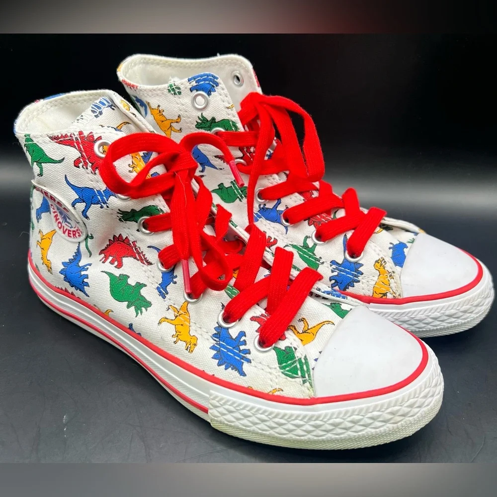 Converse- Dinosaur Print High-Top Sneakers with Red Laces, Youth Size:3